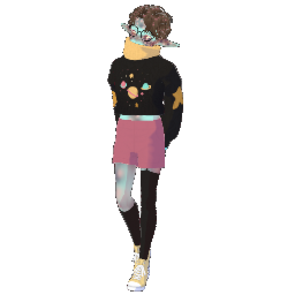 It's me! I'm a little guy wearing a black space-themed croptop sweater, pastel pink shorts, mismatch black socks, and some yellow hightop sneakers