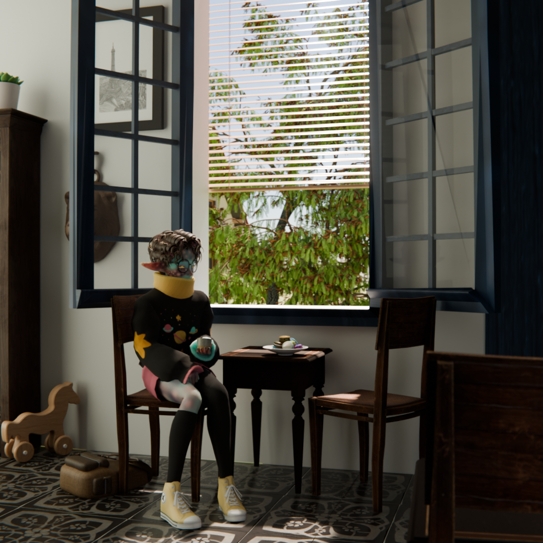 My Blender model sitting in a cafe with a cup of matcha and a plate of macarons