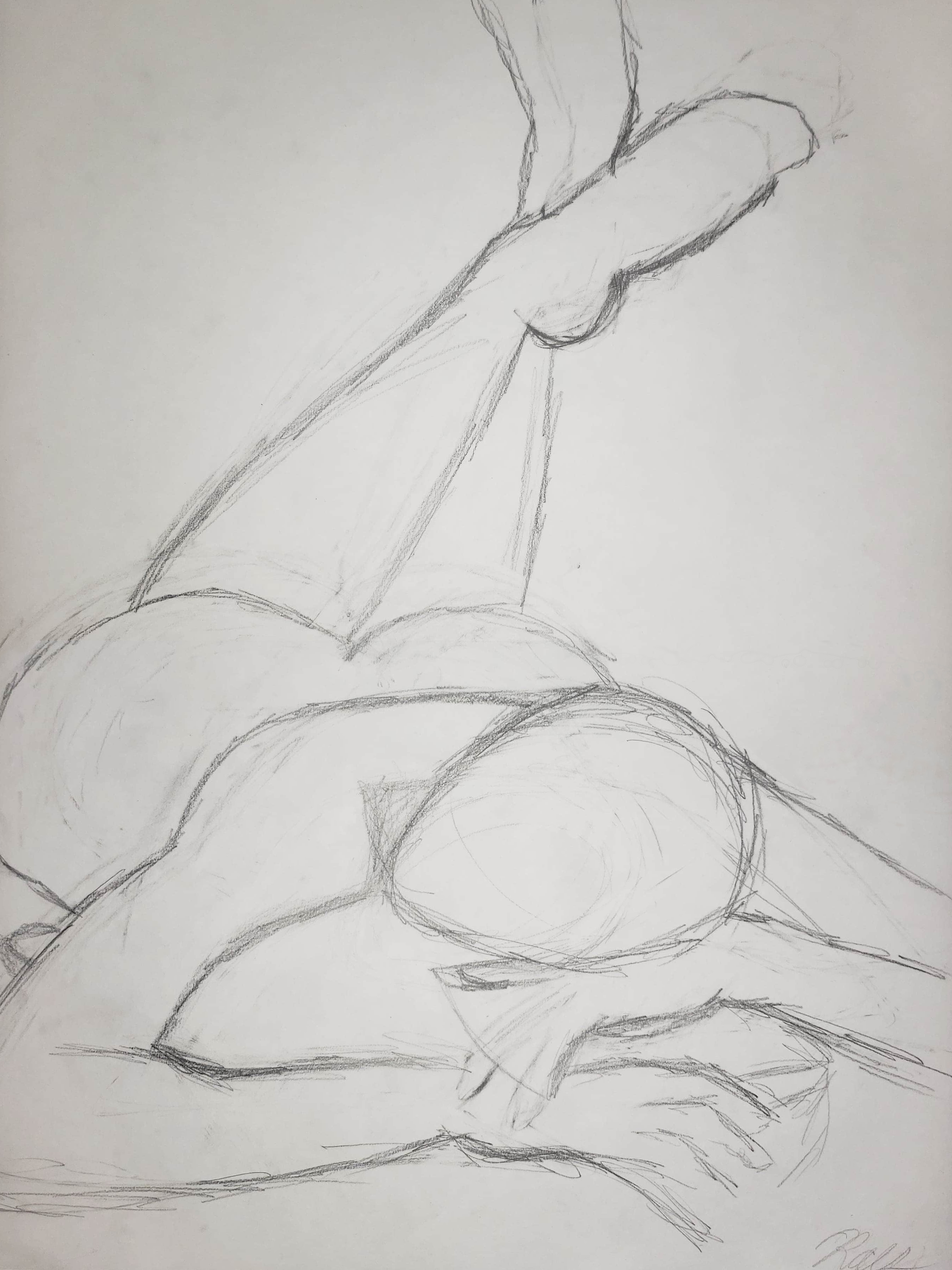 An abstracted feminine figure lying on their stomach, resting their head on a pillow, legs crossed behind them