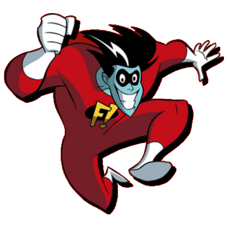 Freakazoid leaping forward toward the camera with his classic smile