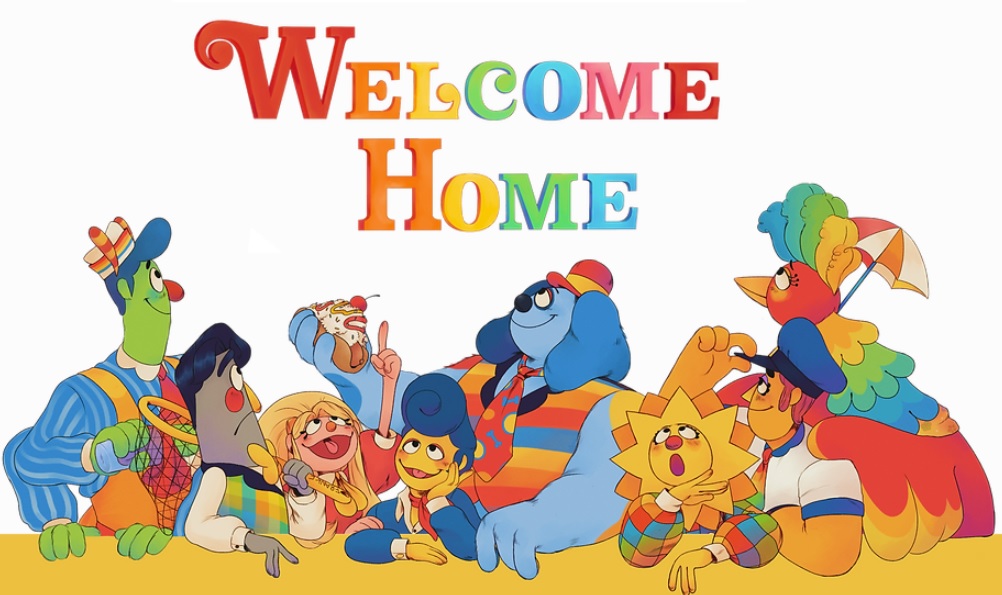 The cast of Welcome Home looking up at the title